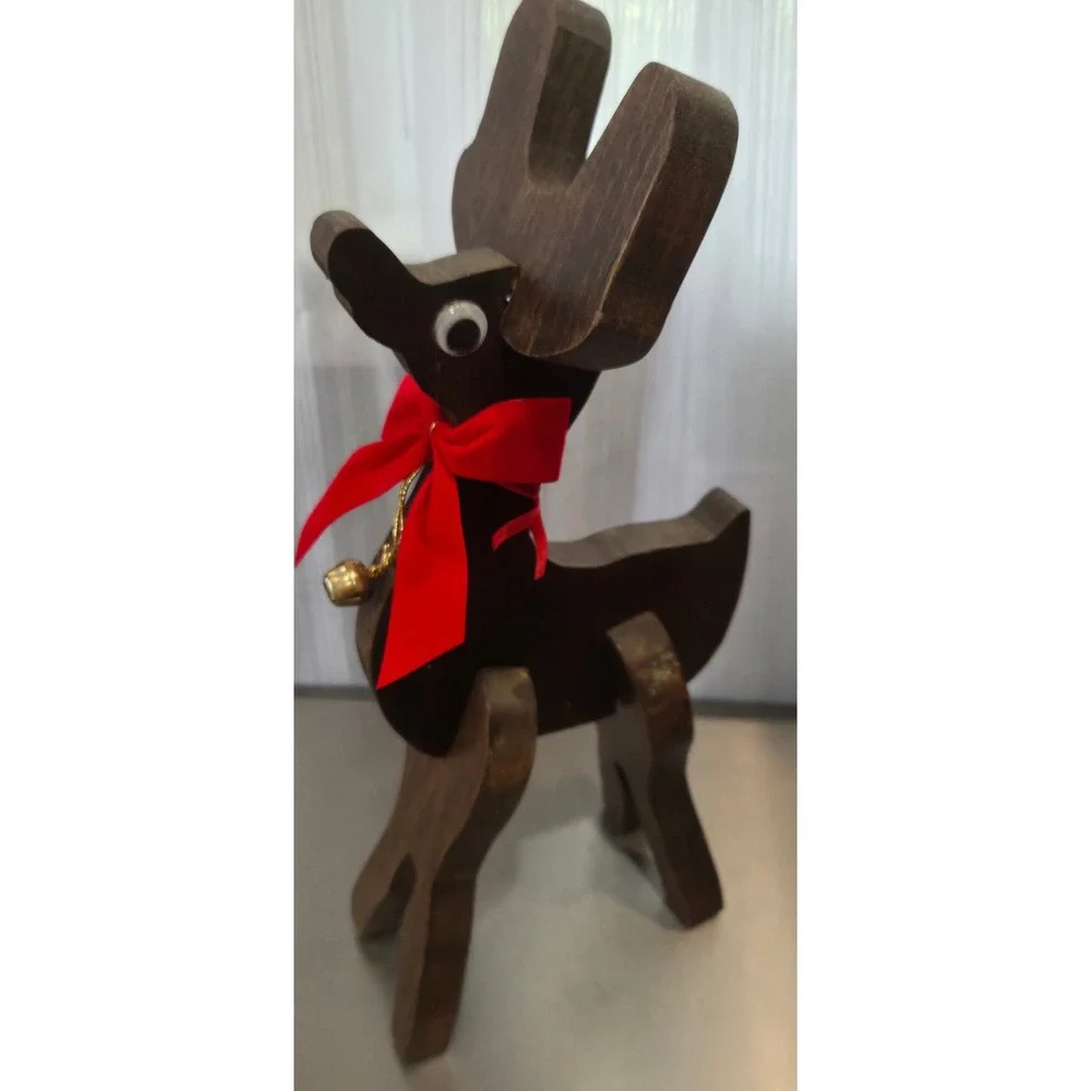 Vintage Handmade Wooden Reindeer Figurine Rustic Christmas Decor Red Bow Bell